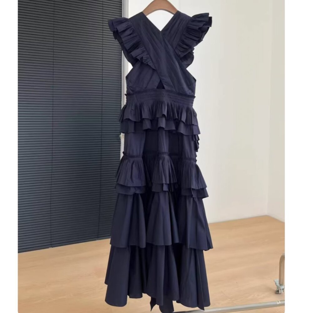 Ulla Johnson Aurore Tiered Ruffle Midi Dress Navy Sz4 Cocktail Event Party - Picture 7 of 11